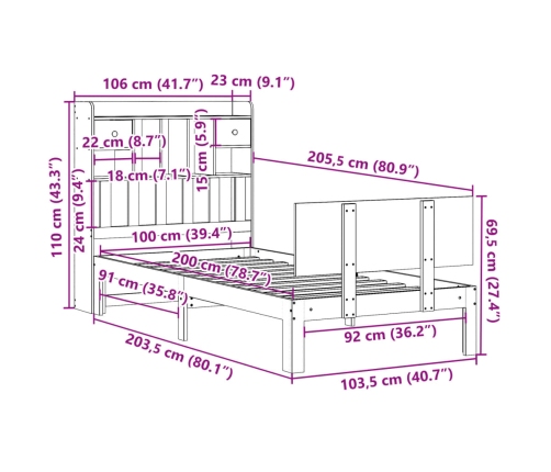 Cama con estantería sin colchón madera maciza de pino 100x200cm