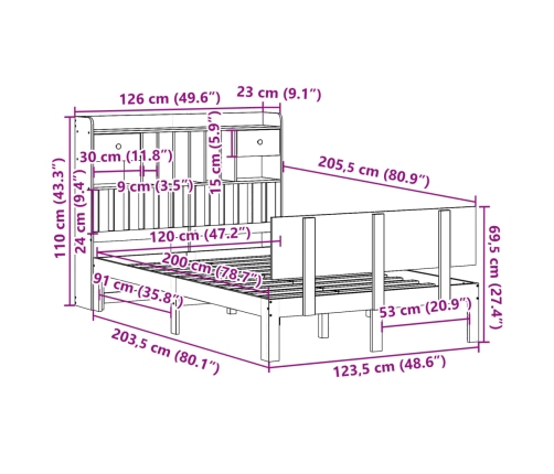 Cama con estantería sin colchón madera maciza de pino 120x200cm