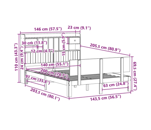 Cama con estantería sin colchón madera maciza de pino 140x200cm