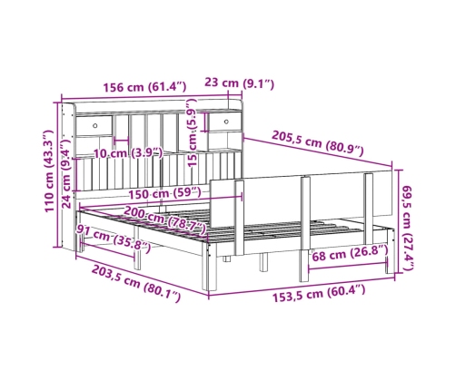 Cama con estantería sin colchón madera maciza blanca 150x200 cm