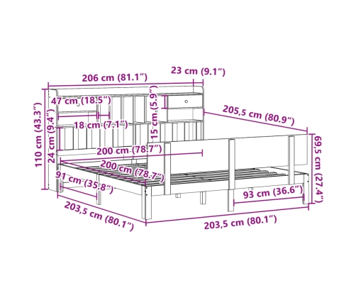 Cama con estantería sin colchón madera maciza de pino 200x200cm