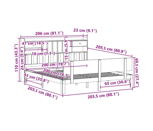 Cama con estantería sin colchón madera maciza blanca 200x200 cm