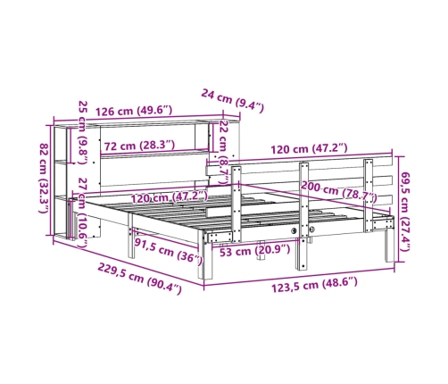 Cama con estantería sin colchón madera maciza de pino 120x200cm