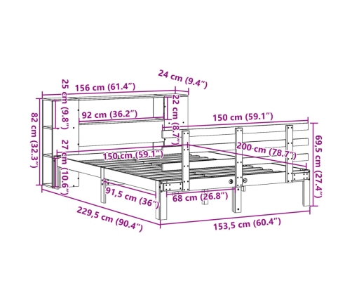 Cama con estantería sin colchón madera maciza de pino 150x200cm