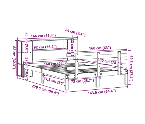 Cama con estantería sin colchón madera maciza de pino 160x200cm