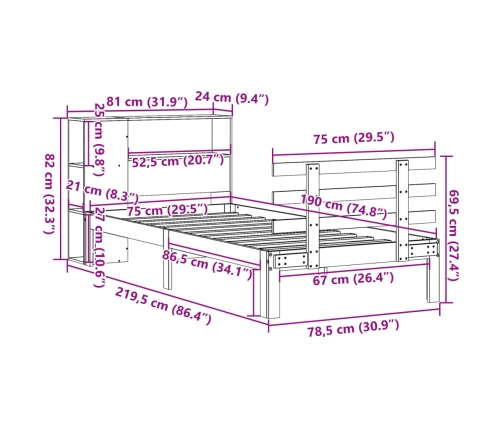 Cama con estantería sin colchón madera maciza blanca 75x190 cm
