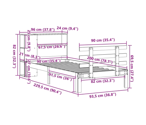 Cama con estantería sin colchón madera maciza blanco 90x200 cm