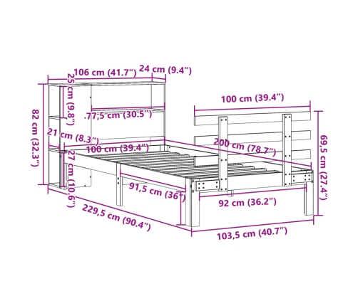 Cama con estantería sin colchón madera maciza blanca 100x200 cm