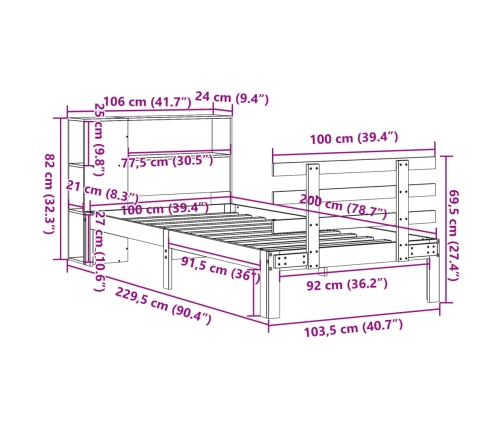 Cama con estantería sin colchón madera maciza marrón 100x200 cm