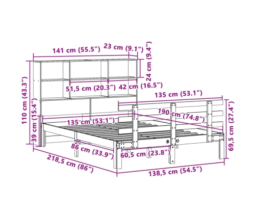 Cama con estantería sin colchón madera maciza blanca 135x190 cm