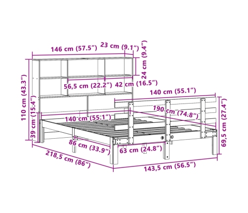 Cama con estantería sin colchón madera maciza de pino 140x190cm