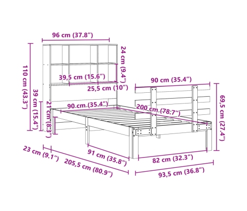 Cama con estantería sin colchón madera maciza de pino 90x200 cm