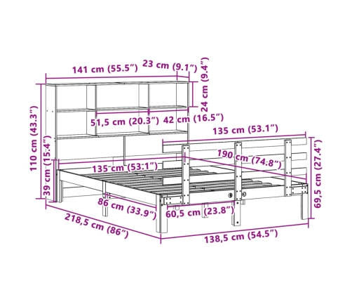 Cama con estantería sin colchón madera maciza marrón 135x190cm