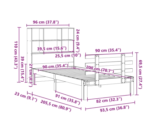 Sofá con estantería sin colchón madera maciza marrón 90x200 cm