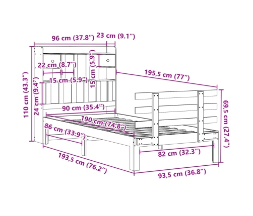 Cama con estantería sin colchón madera maciza de pino 90x190 cm