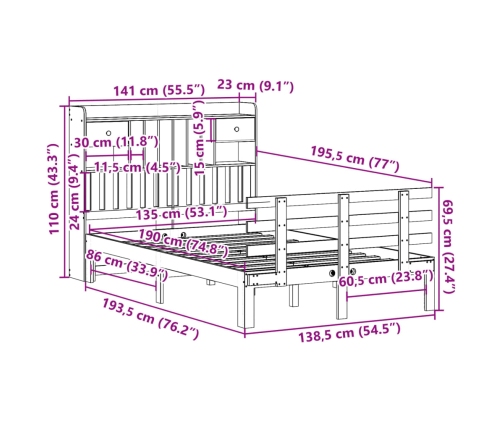 Cama con estantería sin colchón madera maciza blanca 135x190 cm