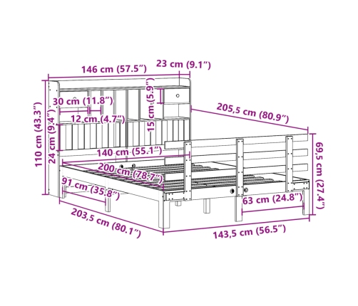 Cama con estantería sin colchón madera maciza de pino 140x200cm