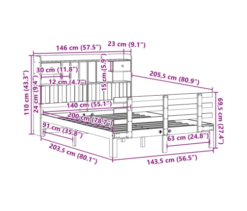 Cama con estantería sin colchón madera maciza blanca 140x200 cm