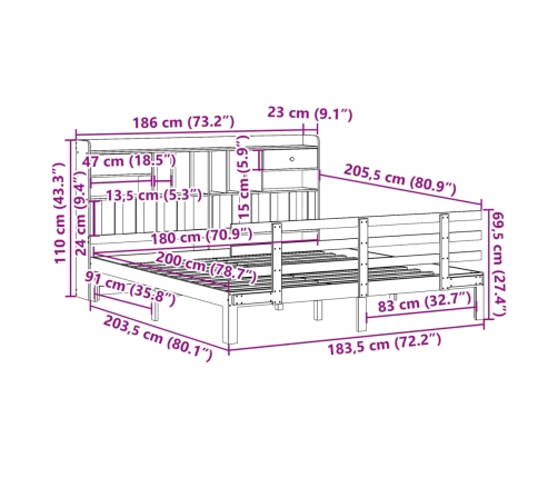 Cama con estantería sin colchón madera maciza de pino 180x200cm