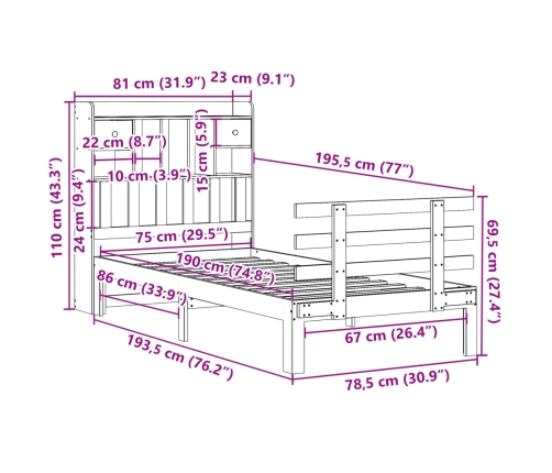 Cama con estantería sin colchón madera maciza marrón 75x190 cm