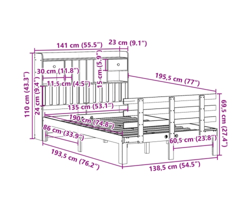 Cama con estantería sin colchón madera maciza marrón 135x190cm