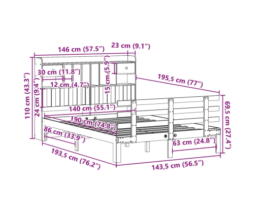 Cama con estantería sin colchón madera maciza marrón 140x190 cm