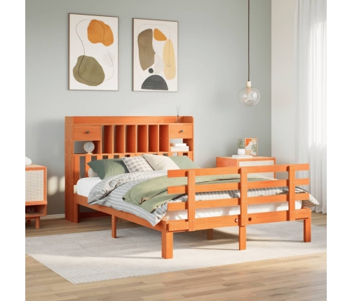 Cama con estantería sin colchón madera maciza marrón 140x190 cm