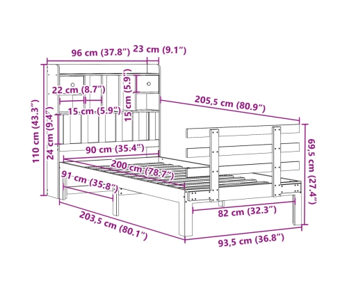 Sofá con estantería sin colchón madera maciza marrón 90x200 cm