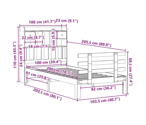 Cama con estantería sin colchón madera maciza marrón 100x200 cm