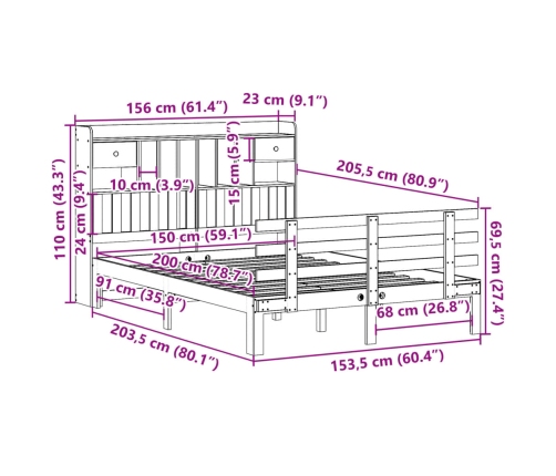 Cama con estantería sin colchón madera maciza marrón 150x200 cm