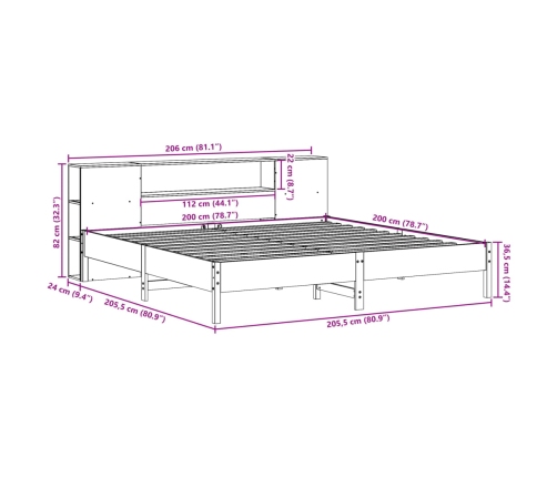 Cama con estantería sin colchón madera maciza de pino 200x200cm