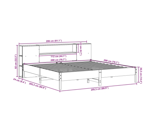 Cama con estantería sin colchón madera maciza marrón 200x200 cm