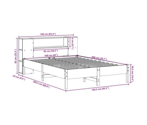 Cama con estantería sin colchón madera maciza de pino 160x200cm