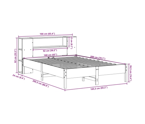 Cama con estantería sin colchón madera maciza blanca 160x200 cm