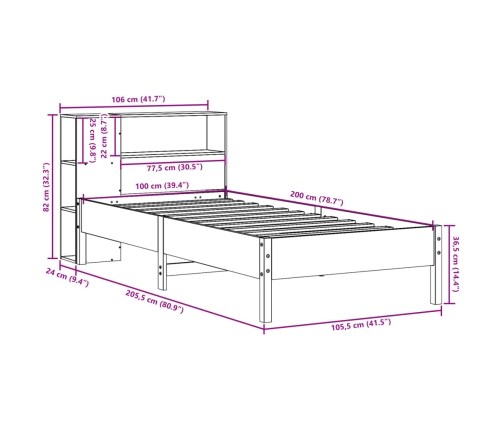 Cama con estantería sin colchón madera maciza de pino 100x200cm