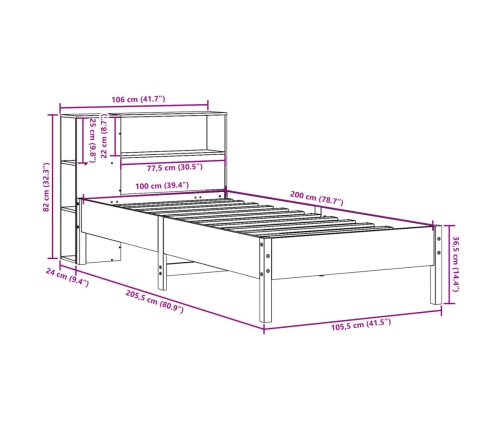 Cama con estantería sin colchón madera maciza marrón 100x200 cm