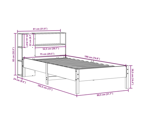 Cama con estantería sin colchón madera maciza marrón 75x190 cm