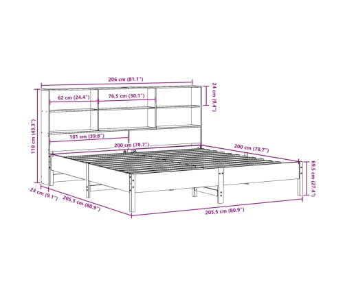 Cama con estantería sin colchón madera maciza blanca 200x200 cm