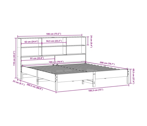 Cama con estantería sin colchón madera maciza blanca 180x200 cm