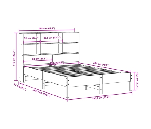 Cama con estantería sin colchón madera maciza de pino 160x200cm