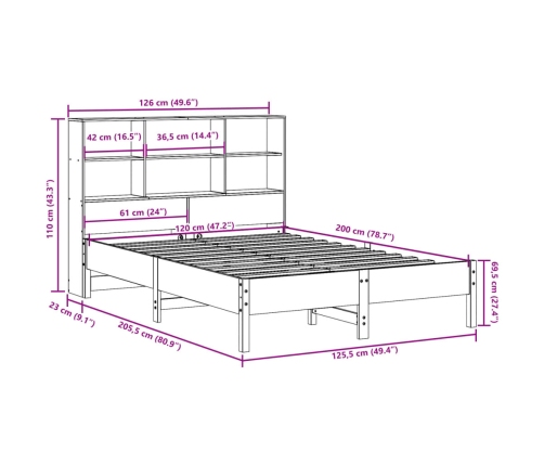 Cama con estantería sin colchón madera maciza de pino 120x200cm