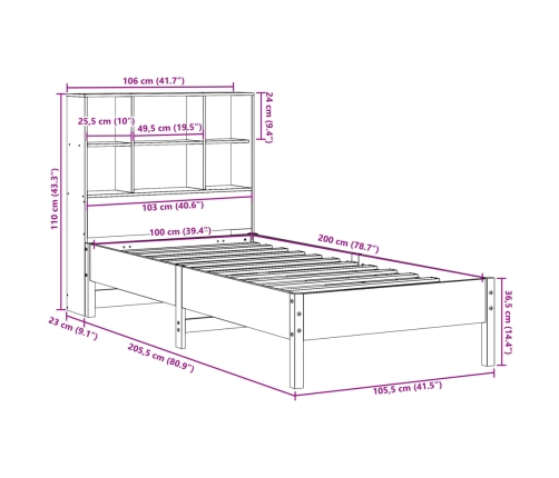 Cama con estantería sin colchón madera maciza marrón 100x200 cm