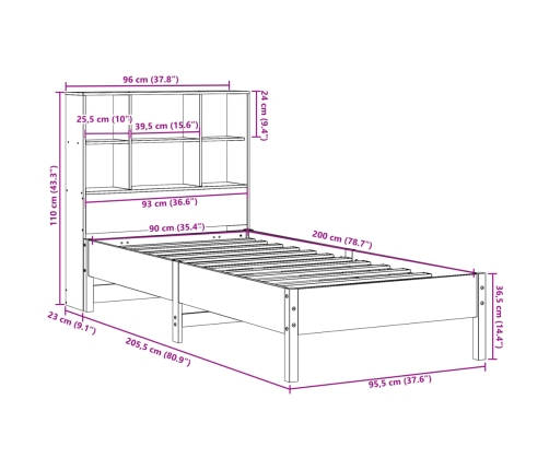 Cama con estantería sin colchón madera maciza de pino 90x200 cm