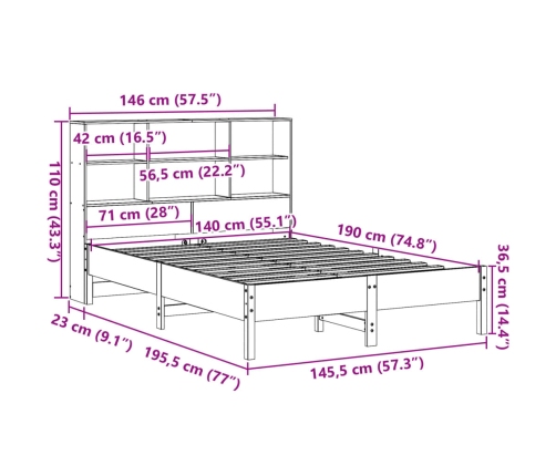 Cama con estantería sin colchón madera maciza blanca 140x190 cm