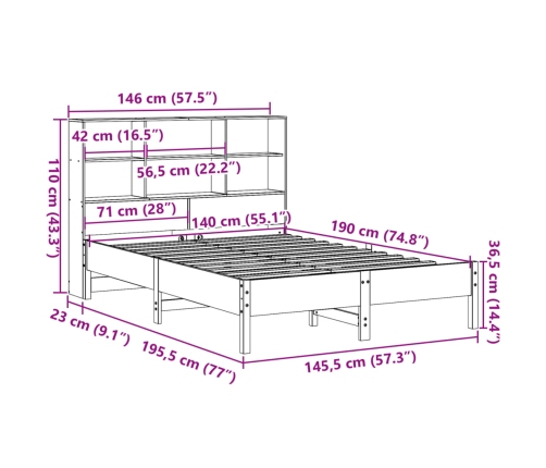 Cama con estantería sin colchón madera maciza marrón 140x190 cm