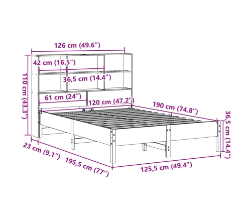 Cama con estantería sin colchón madera maciza marrón 120x190 cm
