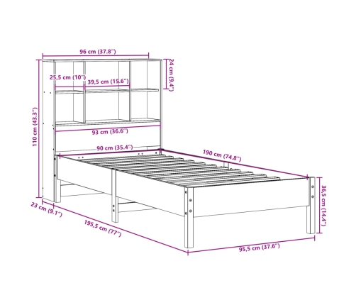 Cama con estantería sin colchón madera maciza marrón 90x190 cm