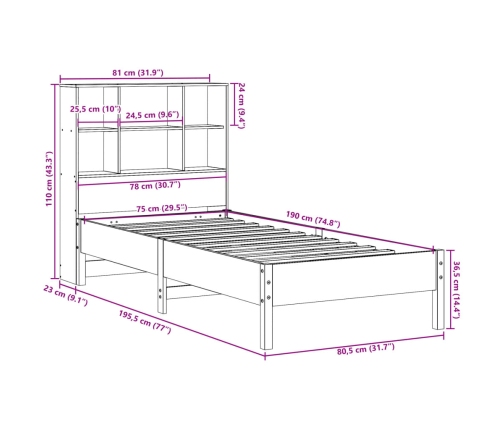 Cama con estantería sin colchón madera maciza de pino 75x190 cm