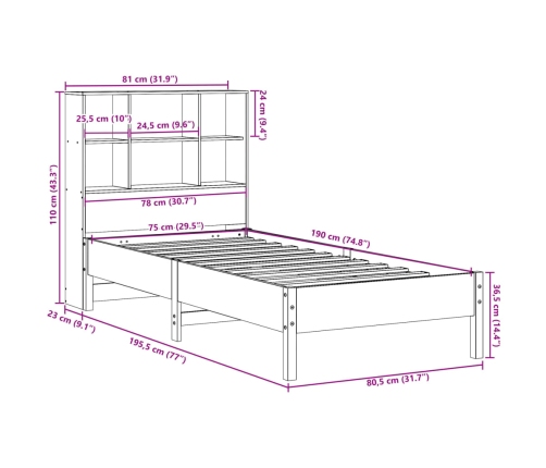 Cama con estantería sin colchón madera maciza marrón 75x190 cm