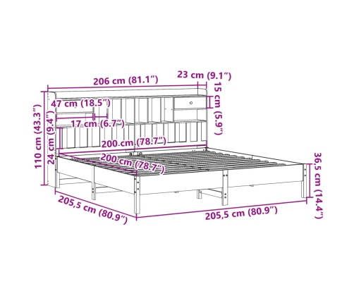 Cama con estantería sin colchón madera maciza de pino 200x200cm